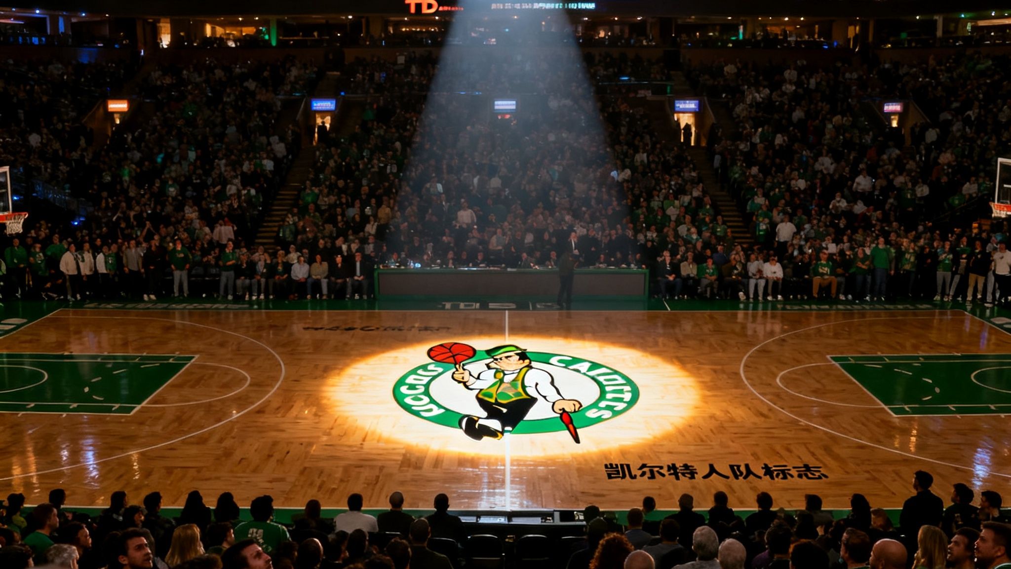 NBA总决赛第七场，波士顿TD花园球馆内座无虚席，聚光灯照亮球场中央，凯尔特人队标志在地板上闪耀，气氛紧张而热烈